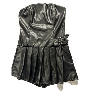 Fashion Nova Faux Leather Strapless Romper Black Buckle Detail Size L